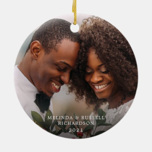 最初のChristMASKはバッファロー夫妻の写真をチェック セラミックオーナメント (裏面)