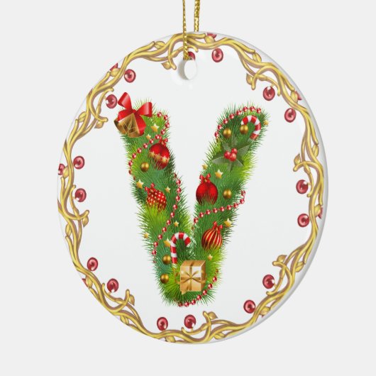 最初のVのモノグラムのなクリスマスのオーナメント-円 セラミックオーナメント (左)