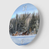 最初冬の雪で走っている馬の群れ ラージ壁時計 (傾斜)