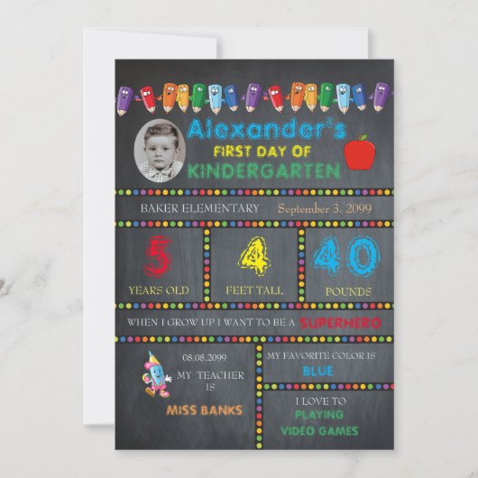 最初日の幼稚園の写真カード男の子、黒板 案内状 (正面)