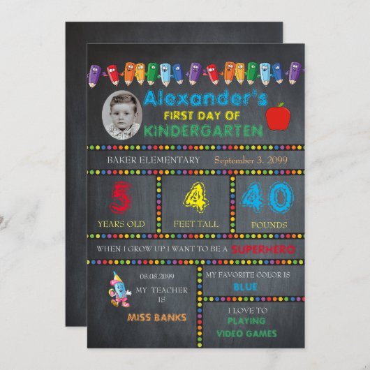 最初日の幼稚園の写真カード男の子、黒板 案内状 (正面/裏面)