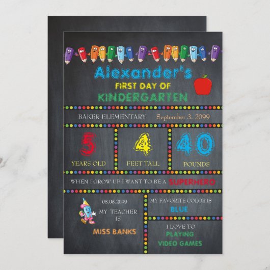 最初日の幼稚園カード男の子、黒板 案内状 (正面/裏面)