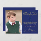 最初聖餐のシンプルな金ゴールドの十字の青の写真 サンキューカード (正面/裏面)