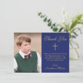 最初聖餐のシンプルな金ゴールドの十字の青の写真 サンキューカード (スタンド正面)