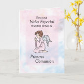 最初聖餐の天使、スペイン語を祈っている女の子 カード (黄色い花)