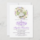 最初聖餐の女の子の花の紫色のラベンダーの写真 招待状 (正面)