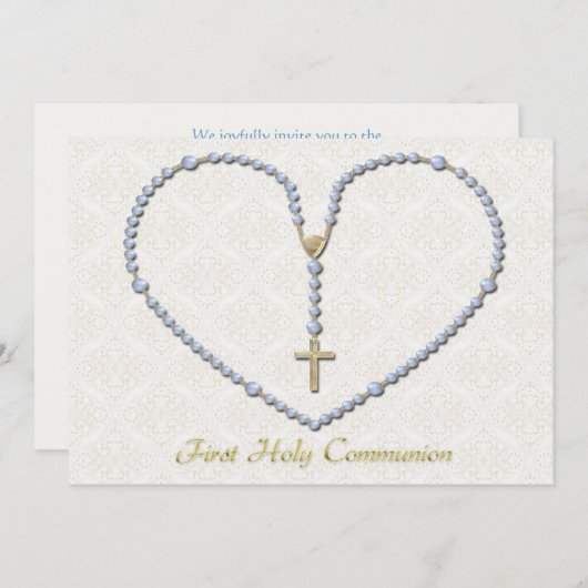最初聖餐の数珠のハートの青 招待状 (正面/裏面)