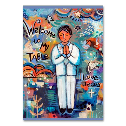 最初聖餐の男の子のためのカスタマイズ可能な祈りの言葉カード テーブルナンバー (正面)