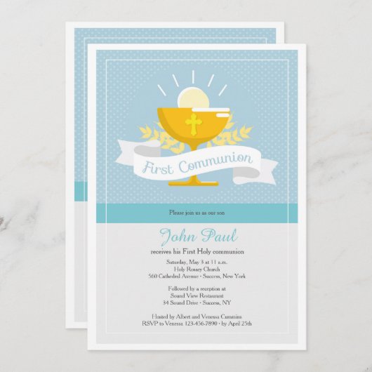 最初聖餐の青い水玉模様の招待状 招待状 (正面/裏面)