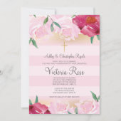 最初聖餐の~のフェイクな金ゴールドの花のピンクのストライプ 招待状 (正面)