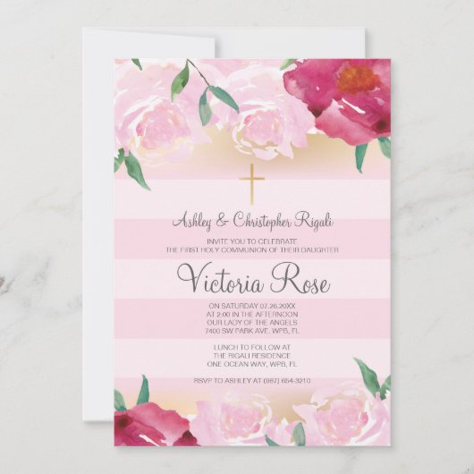 最初聖餐の~のフェイクな金ゴールドの花のピンクのストライプ 招待状 (正面)