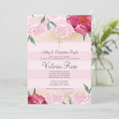 最初聖餐の~のフェイクな金ゴールドの花のピンクのストライプ 招待状 (スタンド正面)