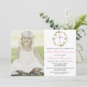 最初聖餐式の女の子の花の十字の写真 招待状 (スタンド正面)