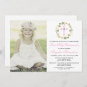 最初聖餐式の女の子の花の十字の写真 招待状 (正面/裏面)