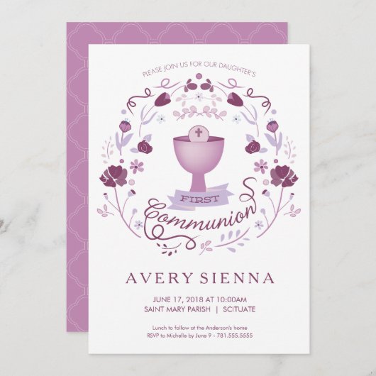 最初聖餐式の招待状の女の子の招待カード 招待状 (正面/裏面)