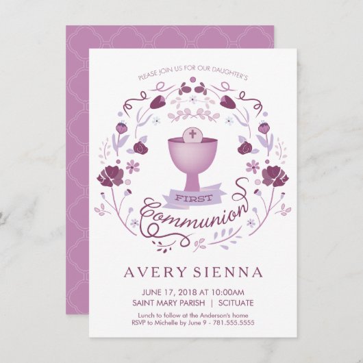 最初聖餐式の招待状の女の子の招待カード 招待状 (正面/裏面)