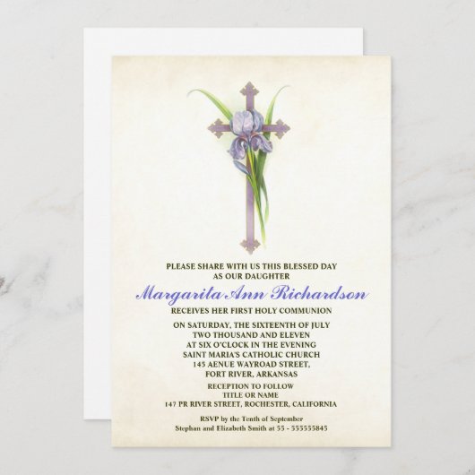 最初聖餐式の招待状-エレガントな十字 招待状 (正面/裏面)