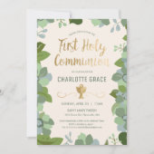 最初聖餐式の招待状、金ゴールドの花柄 招待状 (正面)