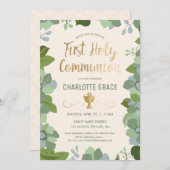 最初聖餐式の招待状、金ゴールドの花柄 招待状 (正面/裏面)