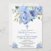 最初聖餐式の男の子の青い花の水彩画 招待状 (正面)