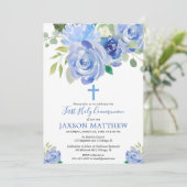 最初聖餐式の男の子の青い花の水彩画 招待状 (スタンド正面)