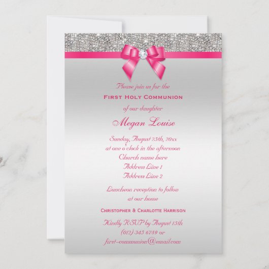 最初聖餐式の銀の宝石、ショッキングピンクの弓 招待状 (裏面)