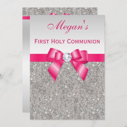 最初聖餐式の銀の宝石、ショッキングピンクの弓 招待状 (正面/裏面)