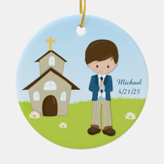 最初聖餐、ブルネットの男の子 セラミックオーナメント (正面)