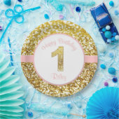 最初誕生日のためのピンクおよび金ゴールドの誕生日のプレート ペーパープレート (パーティー)