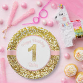 最初誕生日のためのピンクおよび金ゴールドの誕生日のプレート ペーパープレート (パーティー)