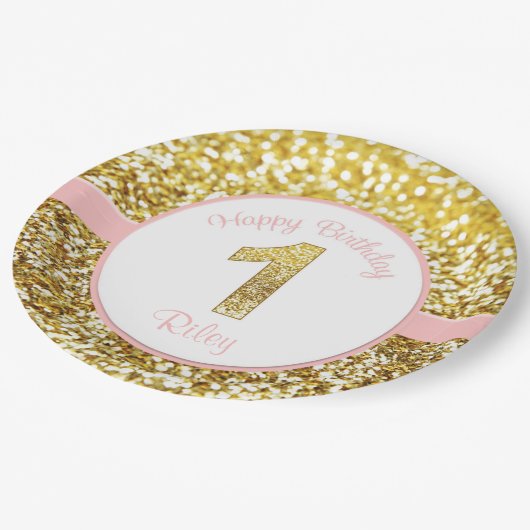 最初誕生日のためのピンクおよび金ゴールドの誕生日のプレート ペーパープレート (アングル)