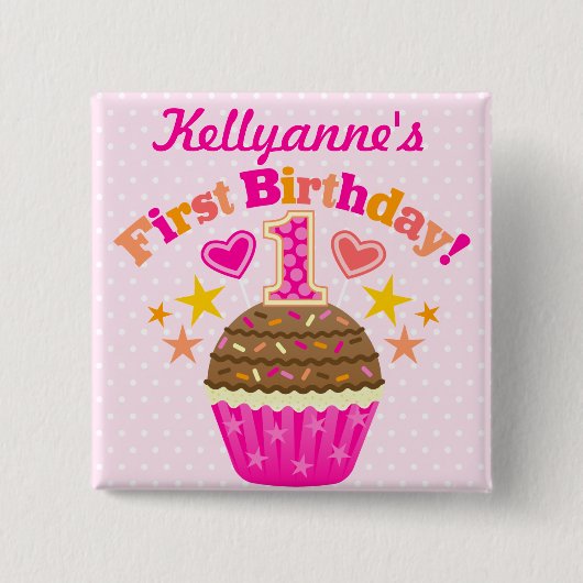 最初誕生日のカップケーキ(女の子) 缶バッジ (正面)
