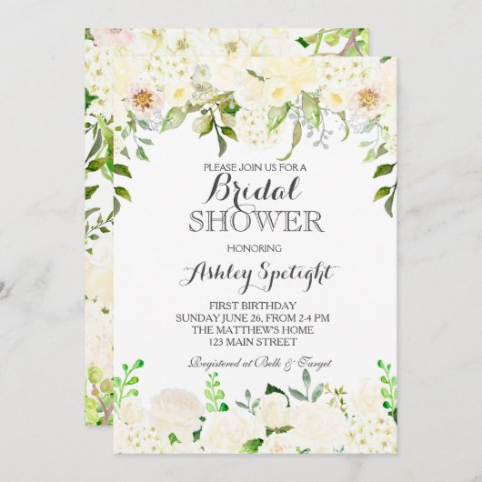最初誕生日のクリーム色の美しい花の招待状、 招待状 (正面/裏面)