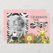 最初誕生日のジャングルの動物のピンクの写真の招待 招待状 (正面/裏面)