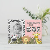 最初誕生日のジャングルの動物のピンクの写真の招待 招待状 (スタンド正面)