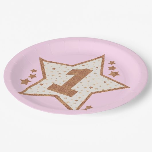 最初誕生日のピンクおよび金ゴールドの星 ペーパープレート (アングル)