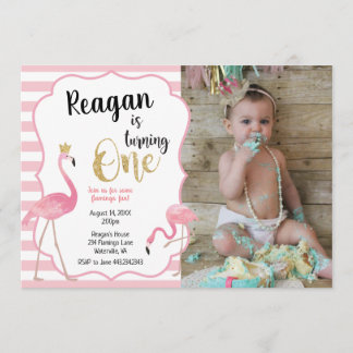 最初誕生日のフラミンゴの写真の招待状 招待状