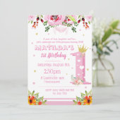 最初誕生日のプリンセスの女の子の花柄の花を飾って下さい 招待状 (スタンド正面)