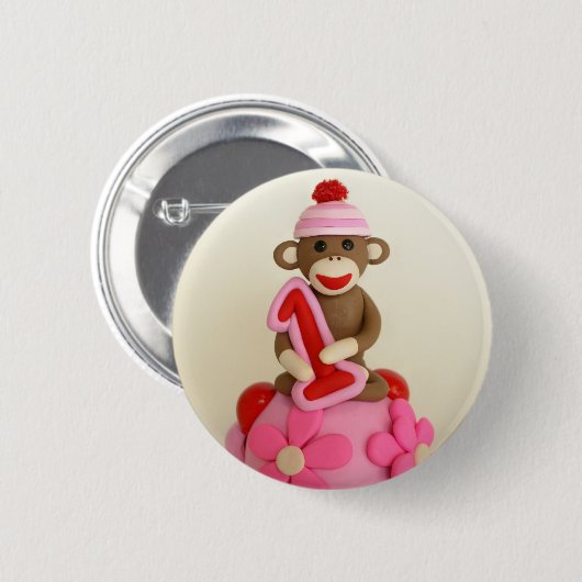 最初誕生日の女の子のソックス猿のお祝い 缶バッジ (正面&裏面)