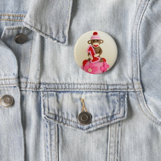 最初誕生日の女の子のソックス猿のお祝い 缶バッジ (インサイチュ)