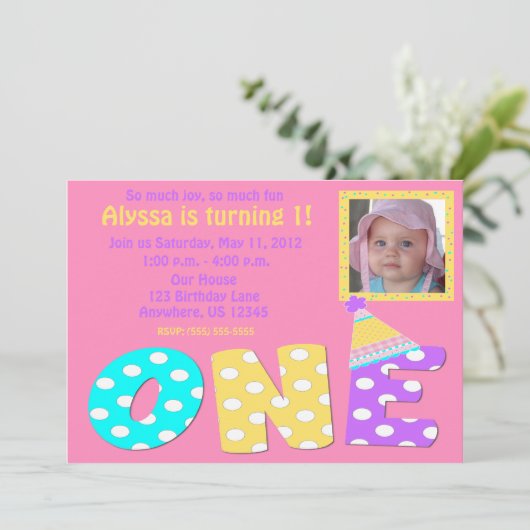 最初誕生日の女の子のピンクInvitaiton 招待状 (スタンド正面)