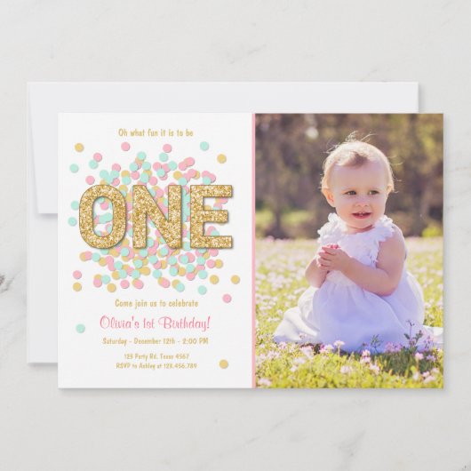 最初誕生日の招待の女の子のピンクの金ゴールドのミント 招待状 (正面)