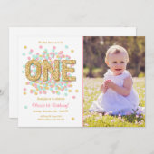 最初誕生日の招待の女の子のピンクの金ゴールドのミント 招待状 (正面/裏面)