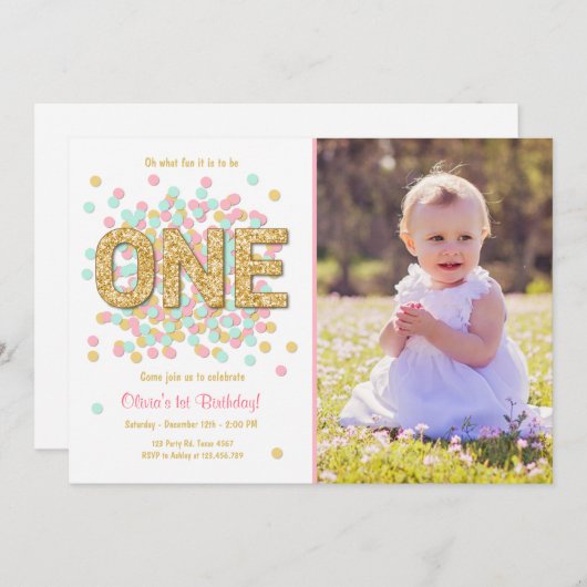 最初誕生日の招待の女の子のピンクの金ゴールドのミント 招待状 (正面/裏面)