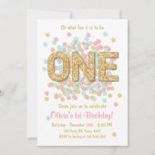 最初誕生日の招待の女の子のピンクの金ゴールドのミント 招待状 (正面)