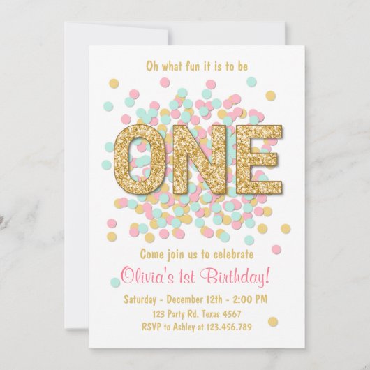 最初誕生日の招待の女の子のピンクの金ゴールドのミント 招待状 (正面)