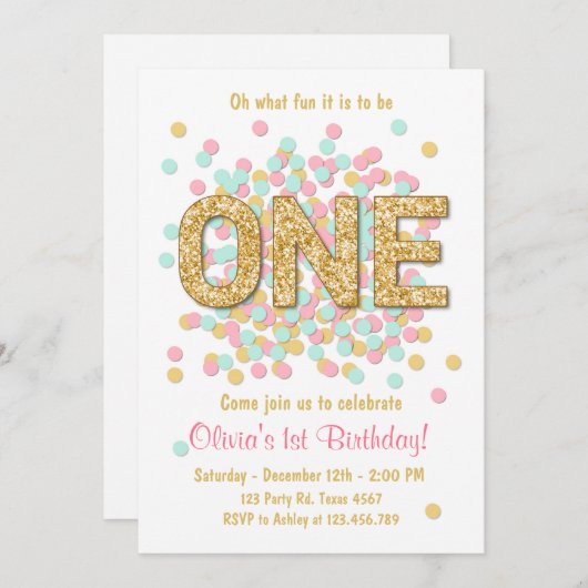 最初誕生日の招待の女の子のピンクの金ゴールドのミント 招待状 (正面/裏面)