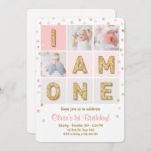 最初誕生日の招待の女の子のピンクの金ゴールドの紙吹雪 招待状 (正面/裏面)