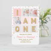 最初誕生日の招待の女の子のピンクの金ゴールドの紙吹雪 招待状 (スタンド正面)