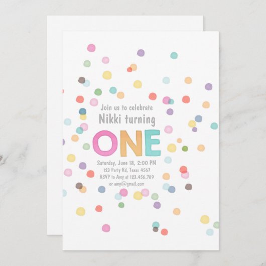 最初誕生日の招待の女の子の水彩画の紙吹雪 招待状 (正面/裏面)